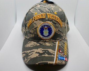 U.S Air Force Veteran Camo Hat. USAF Veteran Cap. Air Force Baseball Hat. Military Hat. Officially Licensed Air Force Logo Embroidered Cap.