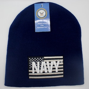 Navy Blue Beanie. Navy American Flag Beanie. Warm Military Beanie. Navy Logo Blue Beanie. Officially Licensed U.S Navy Embroidered Beanie.