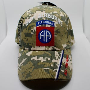 82nd Airborne Camo Hat. Army Baseball Cap with Embroidered AA Patch. US Army Veteran Hat. All The Way Cap. Officially Licensed U.S Army Cap