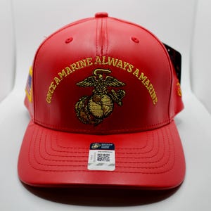 Premium US Marines Hat. Marine Corps Hat. Officially Licensed Marines Red Cap.  Once a Marine, Always a Marine Faux Leather Hat. USMC Cap