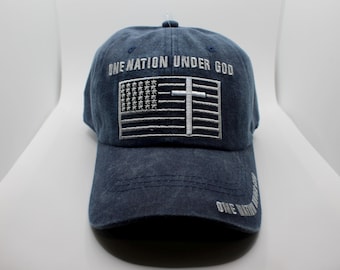 One Nation Under God Hat. Patriotic American Flag Cross Cap. America Hat.  Veteran Gift. USA Washed Blue Hat. American Pride Cap. USA Hat.