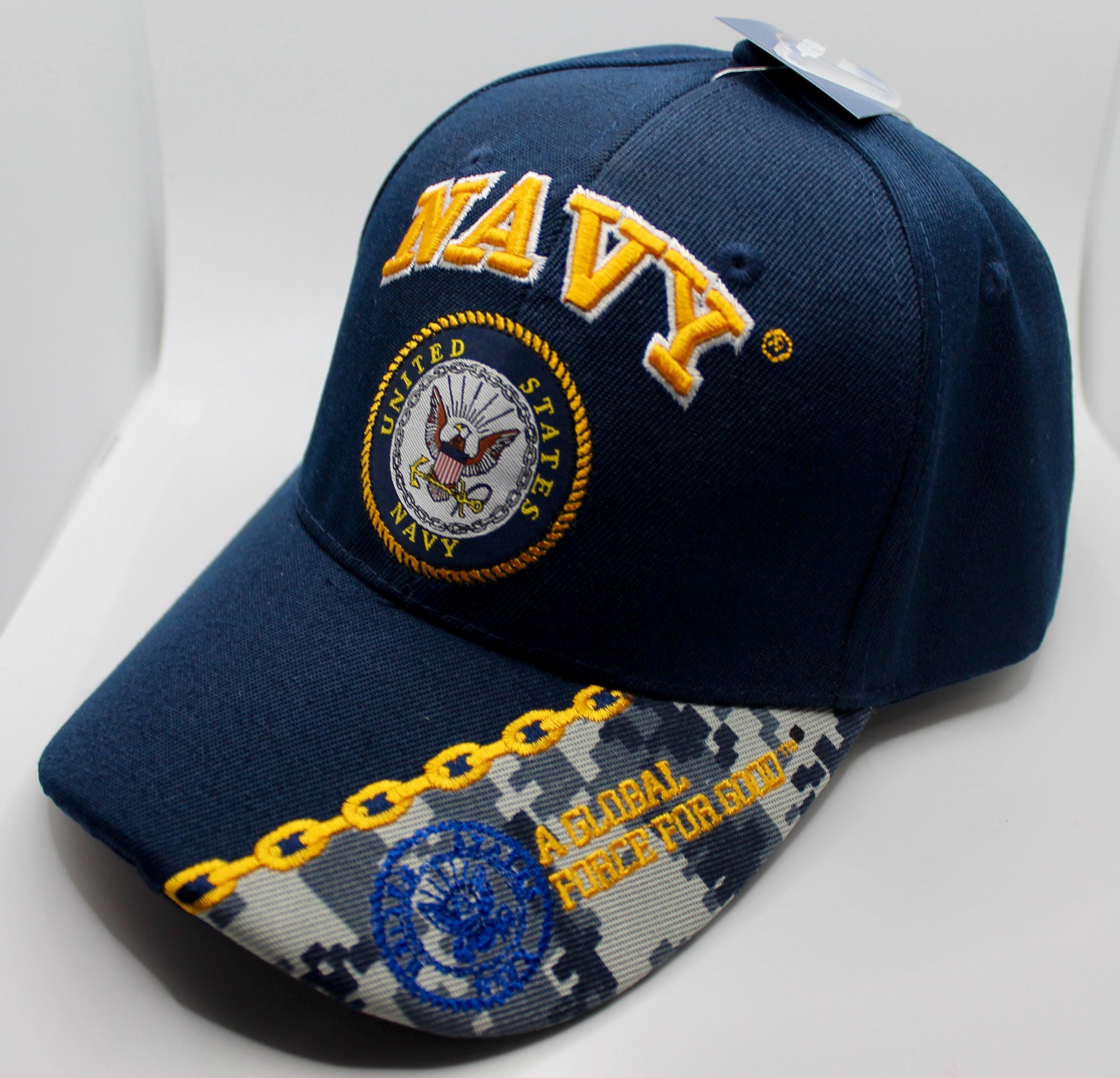 アメリカ海軍特殊部隊の帽子。海軍ロゴ入りの青いキャップ。アメリカ