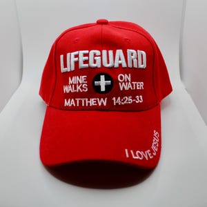 Christian Lifeguard Hat. Mine Walks on Water Hat. Jesus Christ Cap. Christian Red Hat. Christian Gift. Matthew 14:25-33 Scripture Hat. Jesus