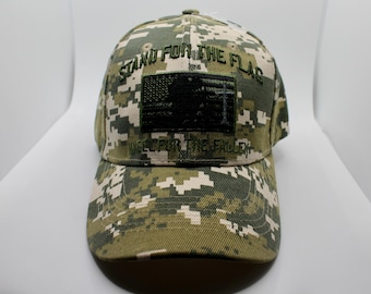 Stand For The Flag Kneel For The Fallen Hat. Stand For The Flag Camo Hat. Patriotic Cap with Embroidered American Flag Patch. Veteran Gift
