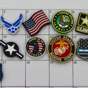 Army Shoe Charm. Army Logo charm. US Navy Charm. USA Flag Charm.  Army Veteran Charm. USAF Shoe Charm. Police Charm. Marine Corps. Air Force