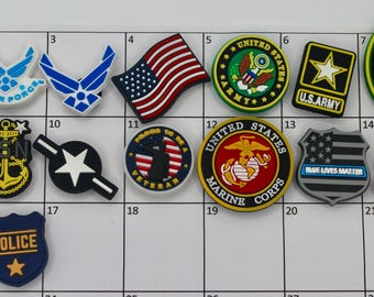 Army Shoe Charm. Army Logo charm. US Navy Charm. USA Flag Charm.  Army Veteran Charm. USAF Shoe Charm. Police Charm. Marine Corps. Air Force
