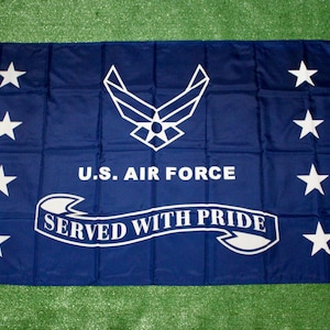 Bandera de la Fuerza Aérea de 3x5. Bandera militar con orgullo. Bandera duradera de la Fuerza Aérea de EE. UU. Bandera oficial de la Fuerza Aérea de EE. UU. Bandera azul de la USAF &quot;Servido con Orgullo&quot;.