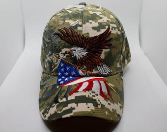 Bald Eagle and American Flag Embroidery Hat, United States of America Hat. Veteran Eagle Hat. USA Pride Cap. Patriotic Eagle Camo Cap