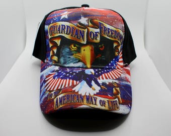 Guardian of Freedom Hat. Patriotic American Black Cap. USA Flag Bald Eagle Hat. American Way of Life Hat. 4th of July Hat. USA Pride Cap