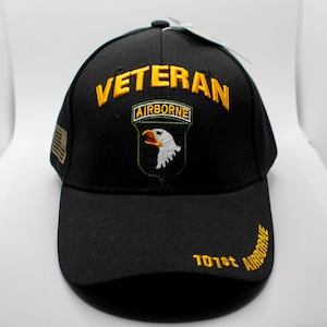 Veteran 101st Airborne Hat. Screaming Eagles Military Cap. Adjustable 101st Airborne Division Hat. Officially Licensed US Army Black Hat