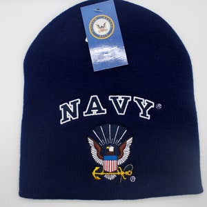 Navy Blue Beanie. Navy American Flag Beanie. Warm Military Beanie. Navy Logo Blue Beanie. Officially Licensed U.S Navy Embroidered Beanie.