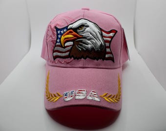 Bald Eagle and American Flag Embroidery Hat, United States of America Hat. Eagle Hat. USA Pride Cap. Patriotic Eagle Pink Cap. Veteran Hat