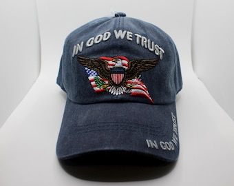 In God We Trust Hat. Patriotic Eagle Washed Blue Cap. American Flag Hat. Veteran Hat. Veteran Gift. American Pride Hat. In God We Trust Cap