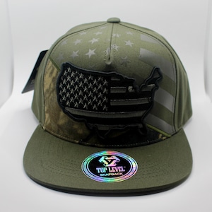 USA Map Flag Snapback Hat. Olive Camo Flat Brim Cap. Patriotic America Hat. Top Level Cap. USA Green Hat. United States Map Embroidered Cap