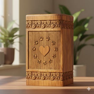 Handcrafted Wooden Pet Urn with Paw Print Circle and Heart, Memorial Ashes Box for Dogs Cats, Leaf Carved Design, Pet Loss Keepsake Urn Box