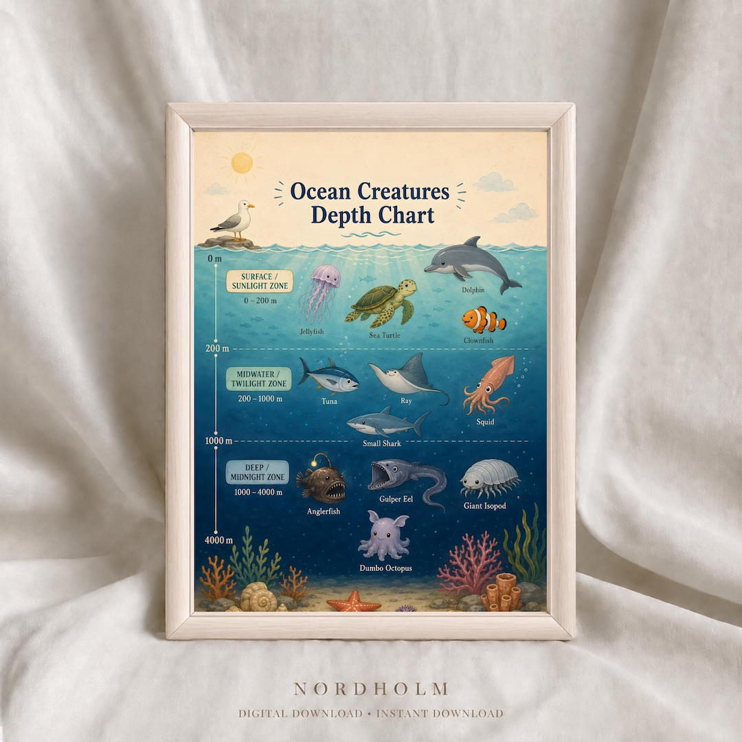 Ocean Creatures Depth Chart, Kids Educational Sea Life Print (digital ...