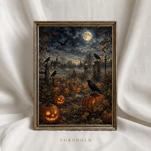 May include: A framed wall art print featuring a dark, atmospheric scene of a pumpkin patch at night under a full moon. Several glowing jack-o'-lanterns sit among autumn foliage, with black crows perched on a fence and the text NORDHOLM below.