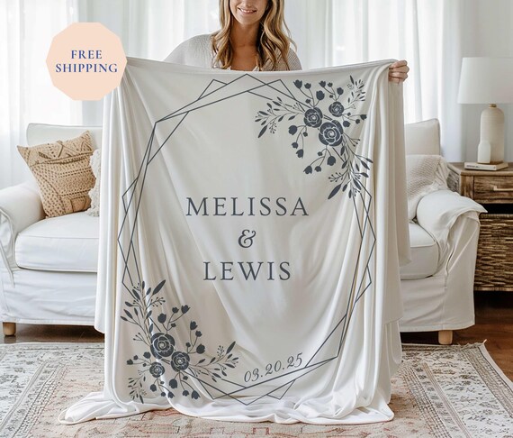 Personalized Wedding Blanket: Geometric Floral Couple's Name