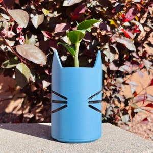 Cat Planter For Gift For Mom For Girlfriend Planter Gift For Cat Lover Black Cat 3D Printed Blue