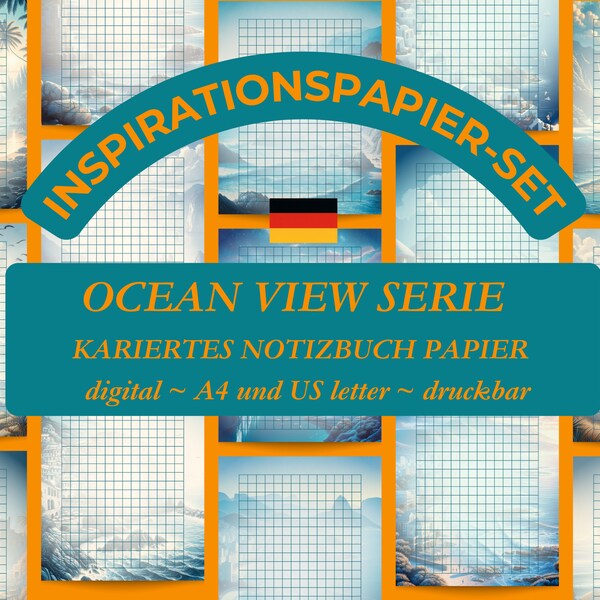 INSPIRATIONSPAPIER set. KARIERTES Notizbuch Papier, 12 Seiten, druckbar, digital, PDF. Persönlichen Gebrauch. Ocean View Serie