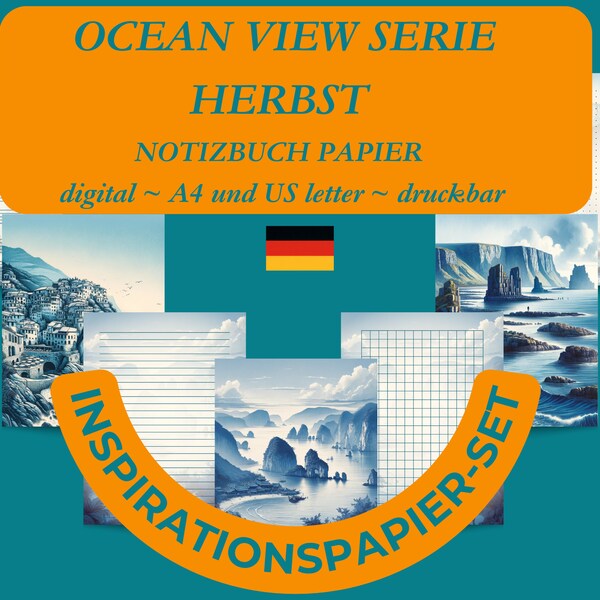 INSPIRATIONSPAPIER set.  Notizbuch Papier, 21 Seiten, druckbar, digital, PDF. Persönlichen Gebrauch. Ocean View Serie HERBST