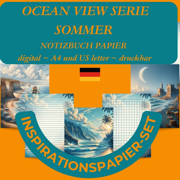 INSPIRATIONSPAPIER set.  Notizbuch Papier, 21 Seiten, druckbar, digital, PDF. Persönlichen Gebrauch. Ocean View Serie SOMMER