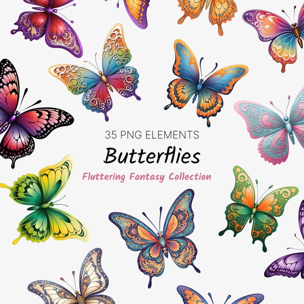 Fantasie vlinder clipart, kleurrijke vlinders, vlinder clipart PNG, vlinder bundel illustraties, Fluttering Fantasy Collection