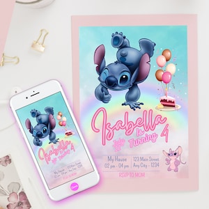 Modèle d'anniversaire Stitch, modifiable dans Canva, modèle d'anniversaire pour fille, invitation d'anniversaire, carte d'anniversaire.