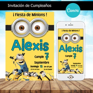 Puede incluir: Una invitación de cumpleaños amarilla y azul con los personajes de los Minions. La invitación dice "i Fiesta de Minions!" y "Alexis Cumple 7" con una fecha y hora para la fiesta.