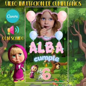Puede incluir: Una invitación de video para una fiesta de cumpleaños con una niña llamada Alba que cumple seis años. La invitación presenta un oso de peluche y un conejito, un número seis rosa y una foto de Alba en un marco en forma de nube. El texto "Alba cumple" está escrito en letras rosas.