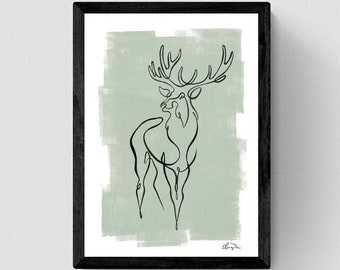 Stag Line Art Print, Line Drawing, Hand-painted Line Drawing, Abstract Single Line Painting, Stag Deer Wall Art, Abstract Line Art Print.