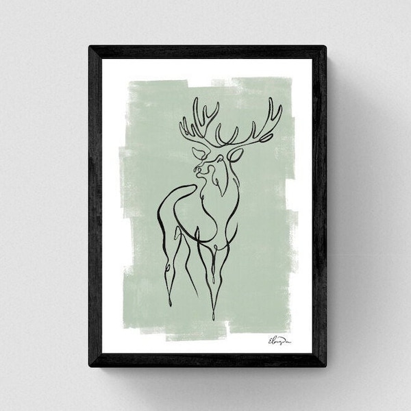 Stag Line Art Print, Line Drawing, Hand-painted Line Drawing, Abstract Single Line Painting, Stag Deer Wall Art, Abstract Line Art Print.