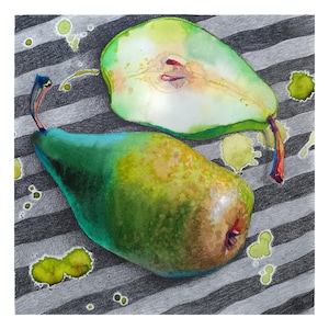 Pears and Stripes – Original Watercolor Still Life, Modern Fruit Decor