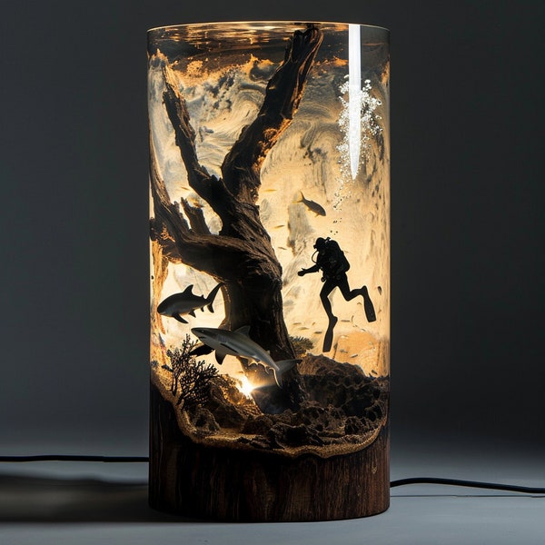 Shark and Diver Resin Night Lights, Shark Resin Lamp for home decor, Wreck Miniature, Pirate ship, Unique Epoxy Lamp Gift for Couple