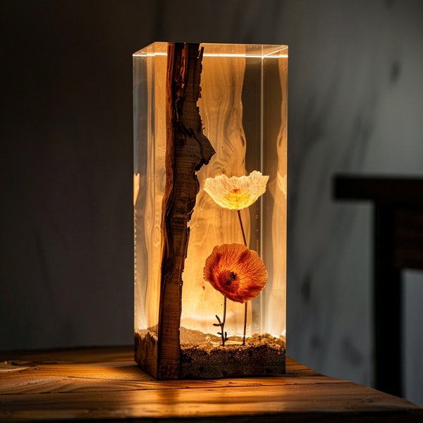 Resin Epoxy Wooden Night Lights, Flower wood lamp, Rustic home decor, Custom Night Light, Table resin lamp, Gift for him