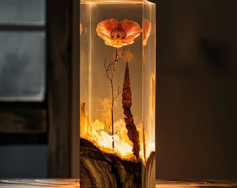 Luci notturne in legno resina epossidica, lampada in legno di fiori, arredamento rustico per la casa, luce notturna personalizzata, lampada in resina da tavolo, regalo per lui