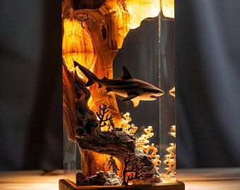 Shark Resin Night Lights, Shark Resin Lamp for home decor, Wreck Miniature, Pirate ship, Unique Epoxy Lamp Gift for Couple