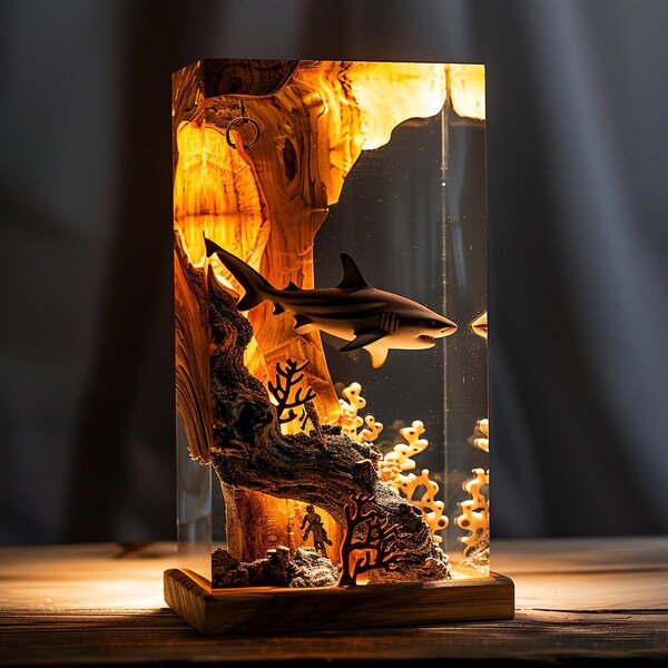 Shark Resin Night Lights, Shark Resin Lamp for home decor, Wreck Miniature, Pirate ship, Unique Epoxy Lamp Gift for Couple