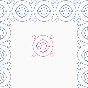 Puede incluir: Un fondo blanco con un patrón repetitivo de círculos florales azules y líneas de conexión. Un único diseño floral rojo está centrado. El diseño recuerda a un borde o patrón decorativo.