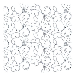 Puede incluir: Un patrón repetido de flores y hojas estilizadas en un estilo de línea azul oscuro sobre un fondo blanco. El diseño presenta una disposición en forma de cuadrícula de elementos florales con tallos curvos y detalles delicados, adecuado para tela o papel pintado.