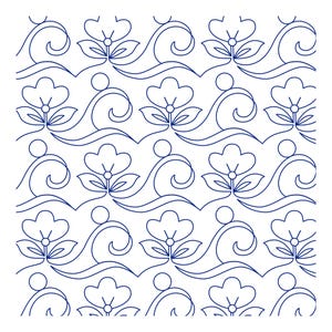 Puede incluir: Patrón repetitivo de flores azules estilizadas y líneas onduladas sobre fondo blanco. El diseño floral presenta flores simétricas con pétalos detallados y un punto central, creando un motivo decorativo.
