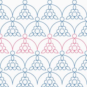 Puede incluir: Un patrón repetitivo de flores estilizadas azules y rosas con arcos redondeados que las conectan. Las flores tienen cinco pétalos y un pequeño círculo en el centro.