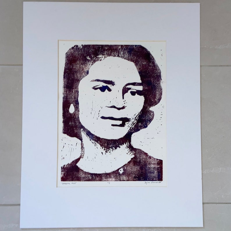 1/3 Original Art Linocut Print on Paper, Content Young Woman, Saturated