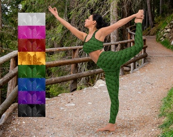 Holly leaf print high waisted yoga leggings for women and matching padded sports bra, natural green and 7 more colors, scale pattern