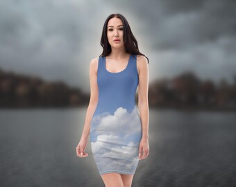 White cloud and blue sky sleeveless bodycon dress, playfully casual yet elegant outfit in nature photography print, joyful sky clad Design