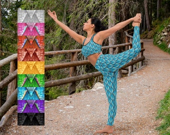 Labradorite high waisted yoga leggings for women and matching padded sports bra in dragon scale pattern, natural blue and 8 other colors