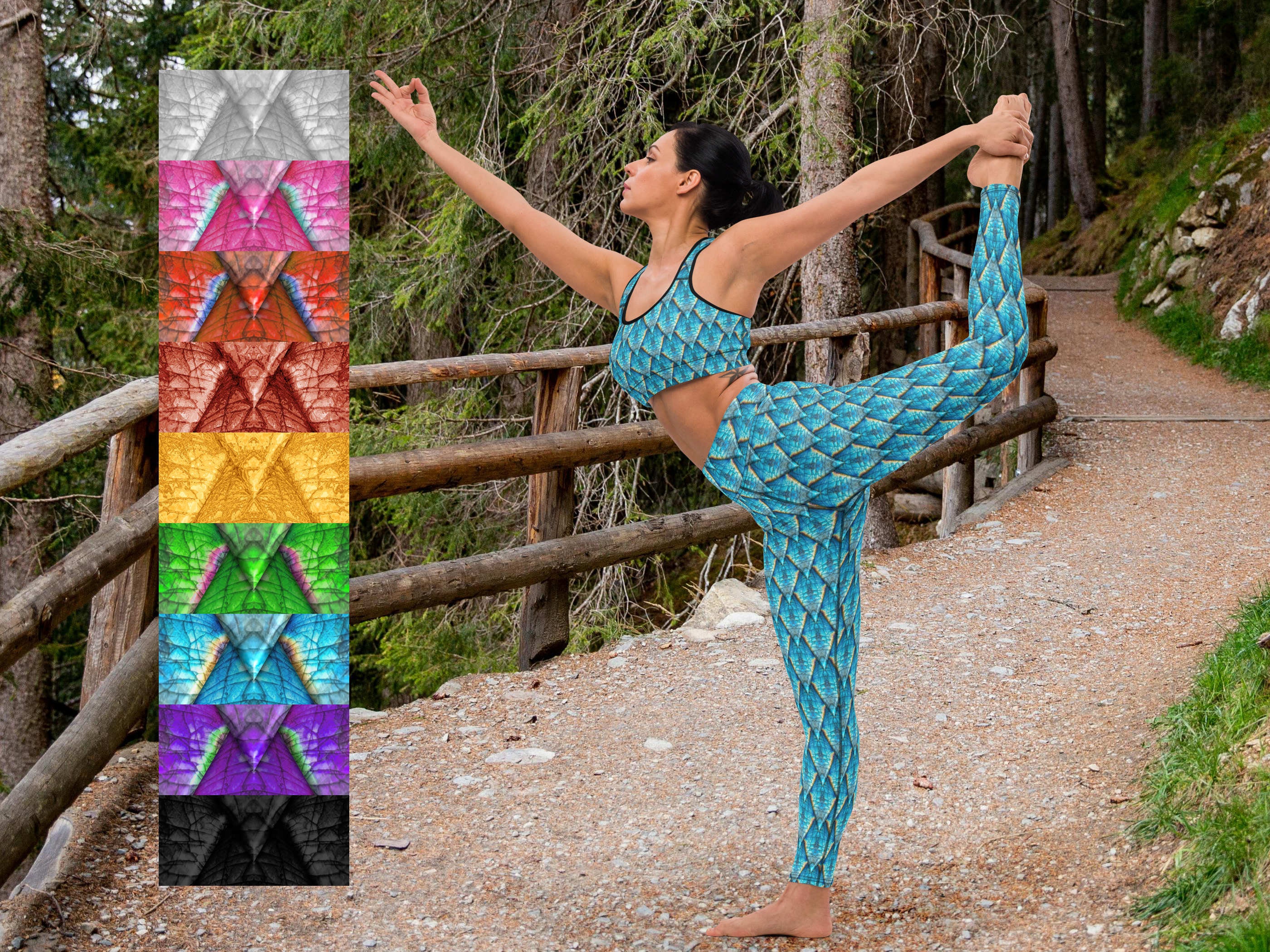 Labradorite padded sports bra and matching high waisted yoga leggings for women in dragon scale pattern, natural blue and 8 other colors