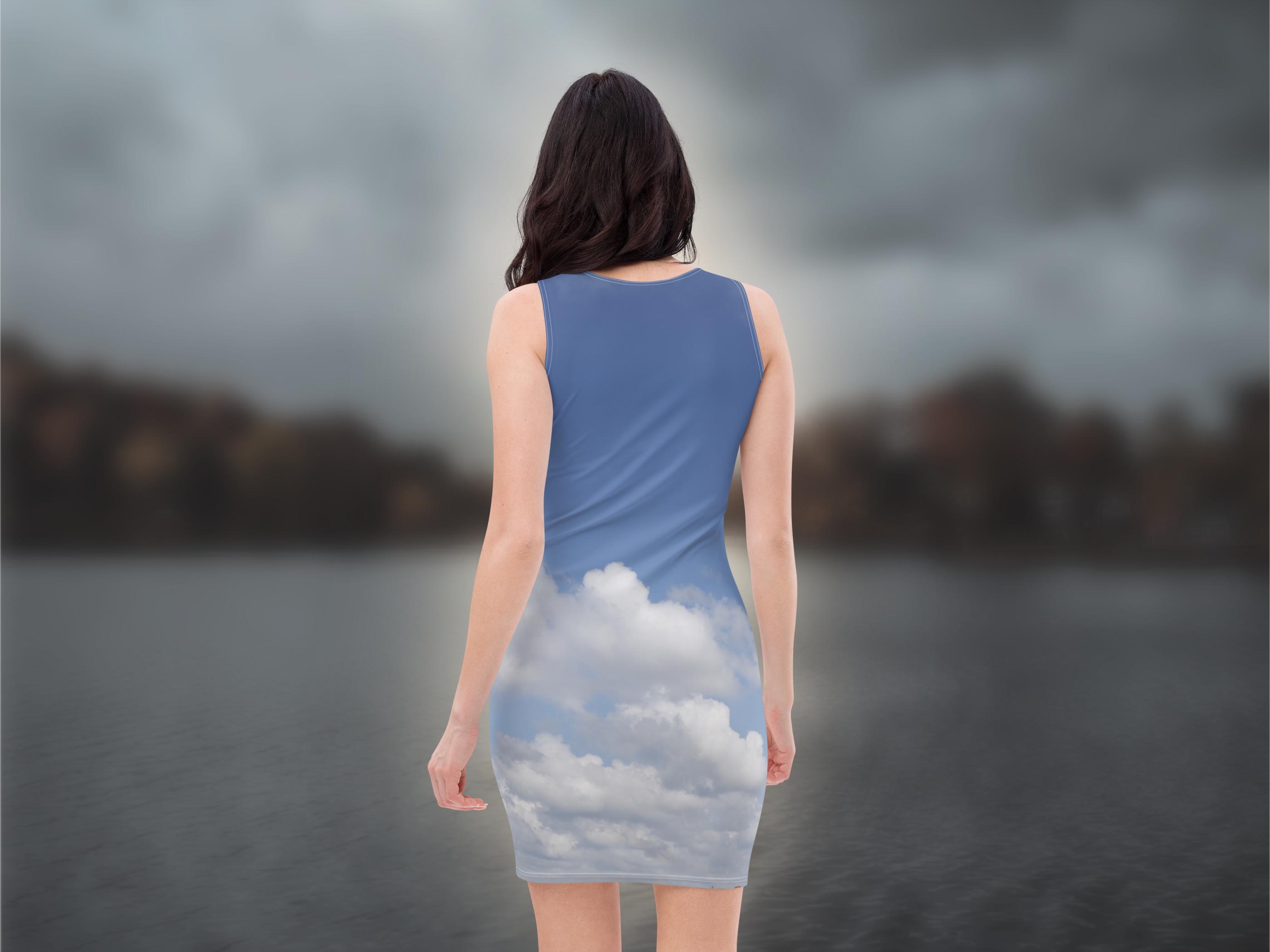 White cloud and blue sky sleeveless bodycon dress, playfully casual yet elegant outfit in nature photography print, joyful sky clad Design