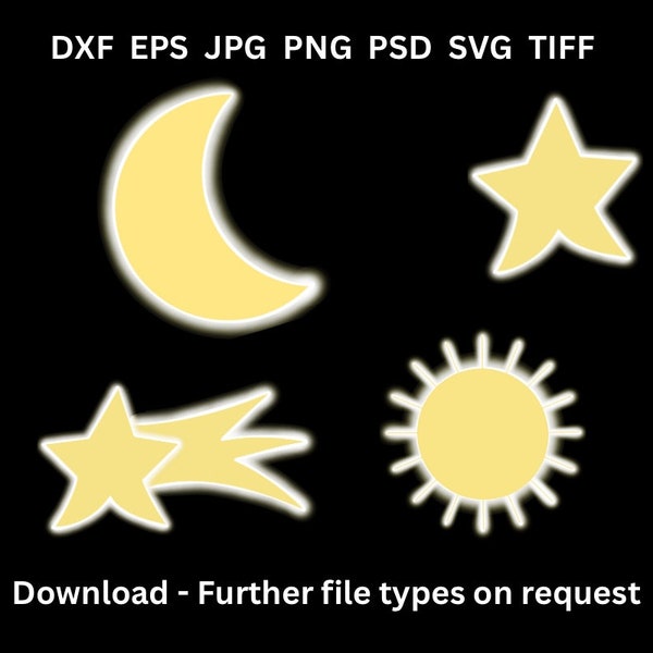 Clipart Bundle Shining Sun Moon Stars SVG EPS jpg dxf PNG psd tiff pdf Coloring Page Image Laser Cut Digital Download Vector Set Package