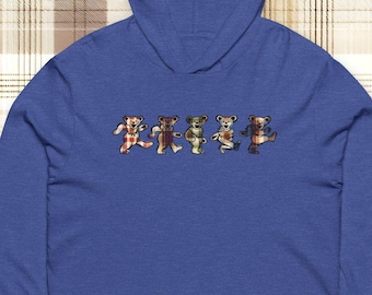 Plaid Fall Dancing Bears Grateful Dead Inspired  Long Sleeve Sweatshirt, Lightweight Hoodie, Fall Fashion, Hippie Clothing